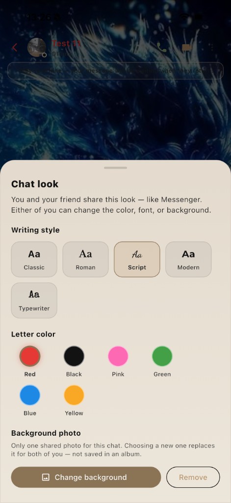 Chat look settings — writing style, letter color, background
