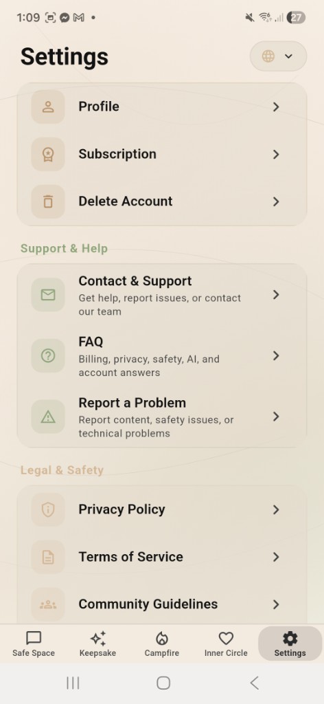 GCENA Settings with privacy and support